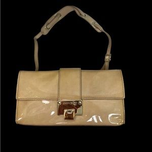 Jimmy Choo taupe patent leather rebel satchel purse
